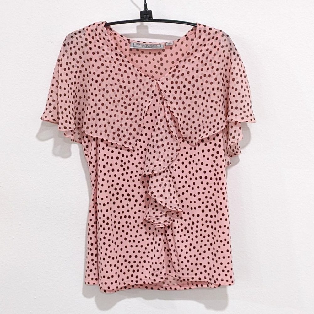 George Simonton Says Brown and Pink Polka Dot Ruffle Blouse Top Size Small